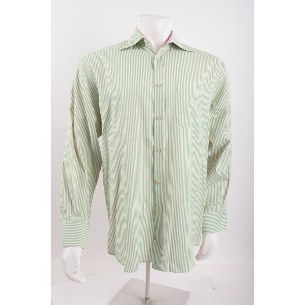 Lincs David Chu Mens Dress Shirt L Green White Striped Long Sleeve Cotton